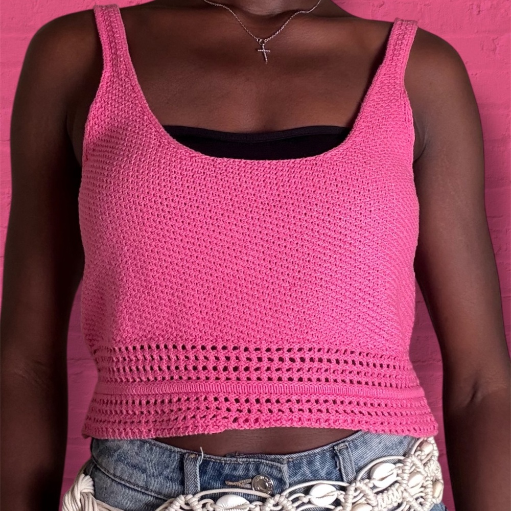 Hot Pink Crotchet Knit Crop Tank Top